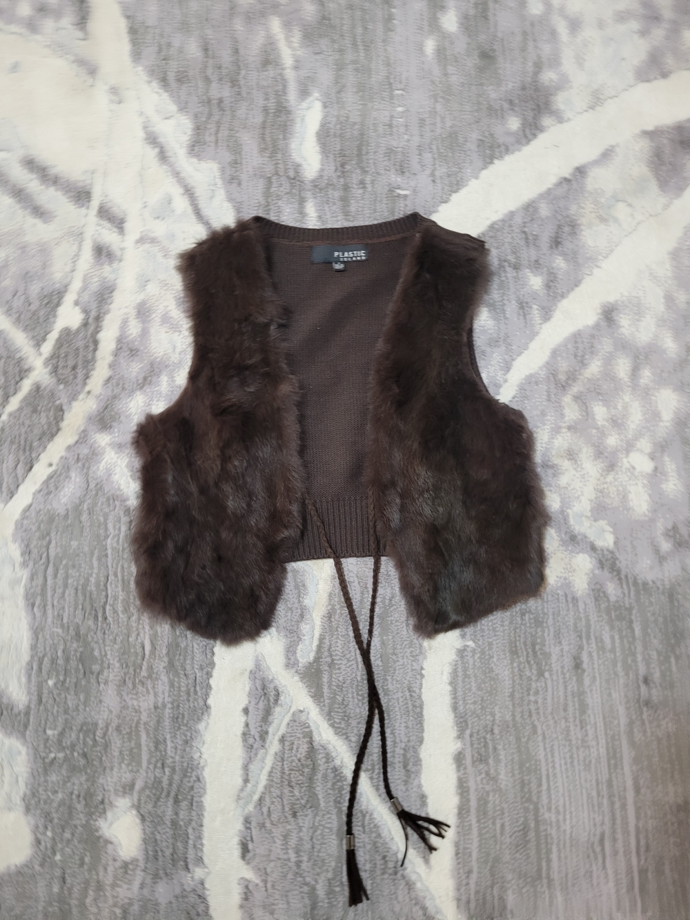 Plastic Island Women Brown Faux Fur Knit-Back Cropped Vest with Tie Size S